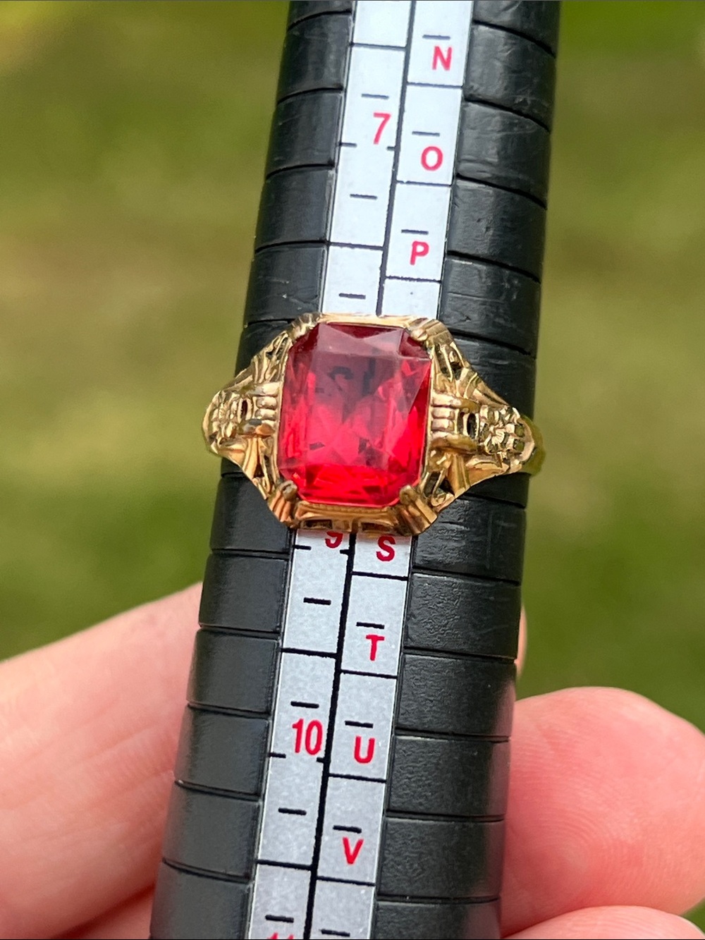 Antique Art Deco Uncas 14k Rolled Gold Plated Red Paste Faceted Glass Ring - Picture 3 of 12